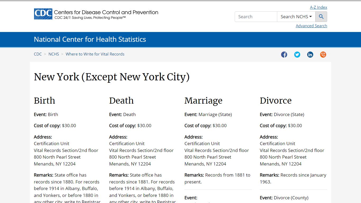 Where to Write for Vital Records - New York - Centers for Disease ...
